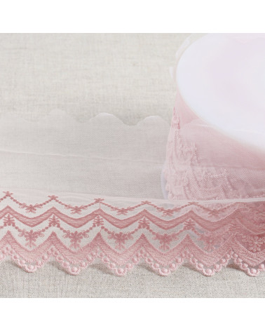 Matte scalloped double wave embroidered tulle 108mm pink per meter