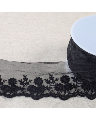 Tulle brodé bouquet de fleurs mat 95mm noir au mètre