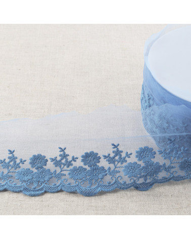 Embroidered tulle bouquet of flowers matte 95mm lavender blue per meter