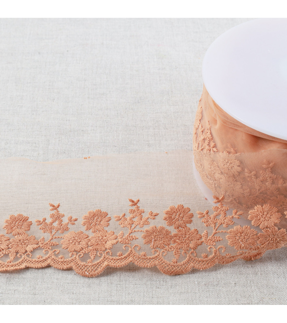 Tulle embroidered bouquet of flowers matte 95mm dark beige per meter