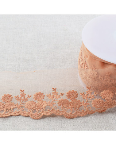 Tulle embroidered bouquet of flowers matte 95mm dark beige per meter