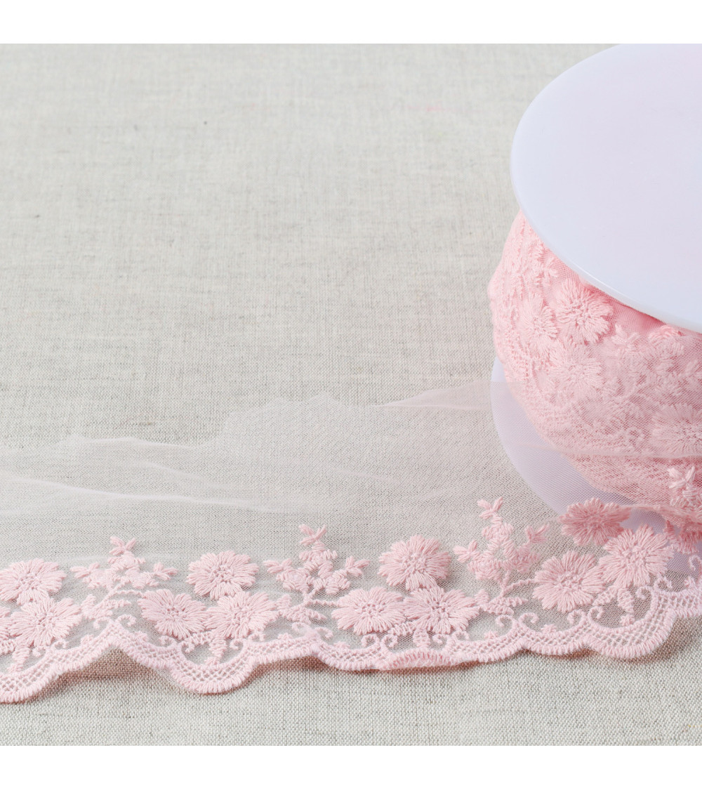 Embroidered tulle bouquet of flowers matte 95mm fuchsia pink per meter