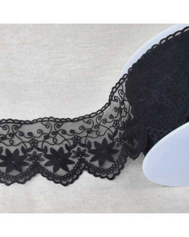 Embroidered tulle edelweiss matt 85mm black by the meter