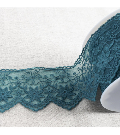 Matte edelweiss embroidered tulle 85mm duck blue per meter