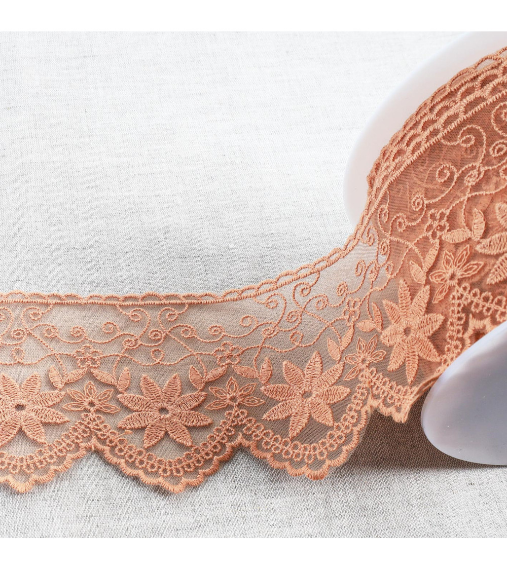 Matte edelweiss embroidered tulle 85mm dark beige per meter