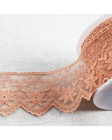 Matte edelweiss embroidered tulle 85mm dark beige per meter