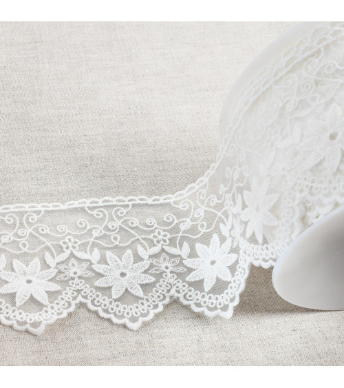 Matte edelweiss embroidered tulle 85mm ecru by the meter