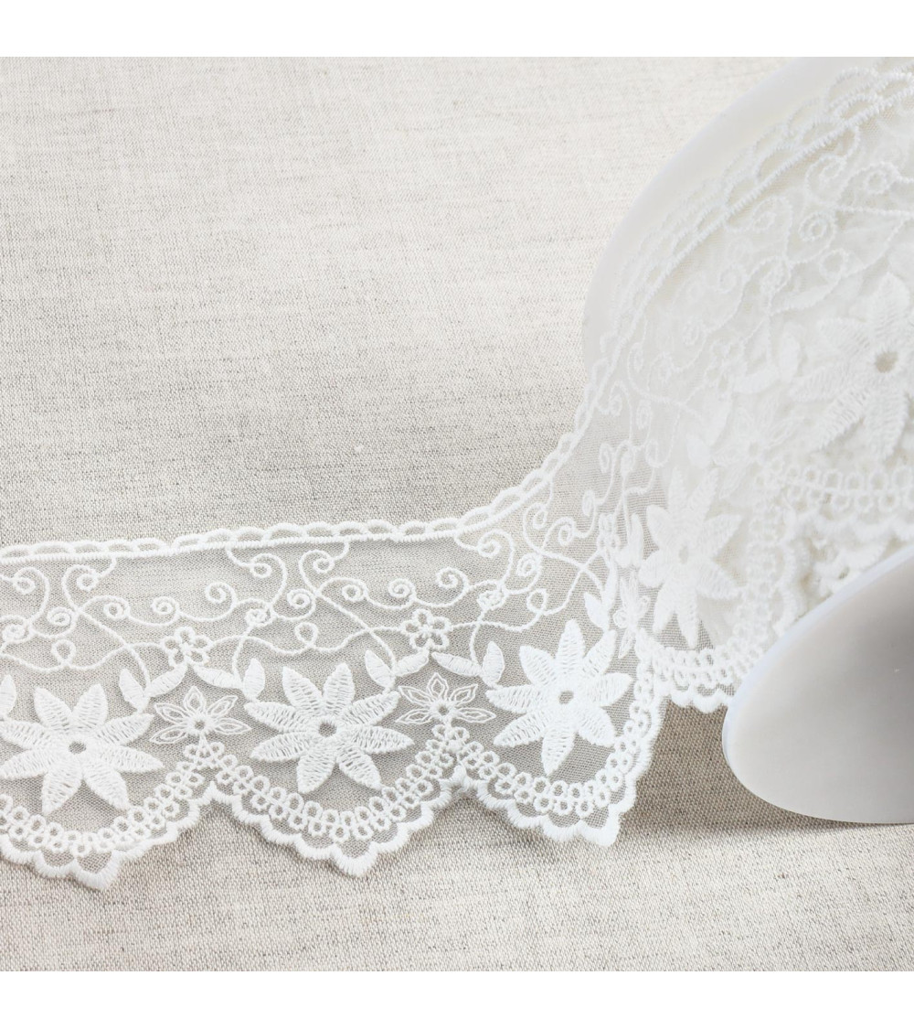 Matte edelweiss embroidered tulle 85mm ecru by the meter