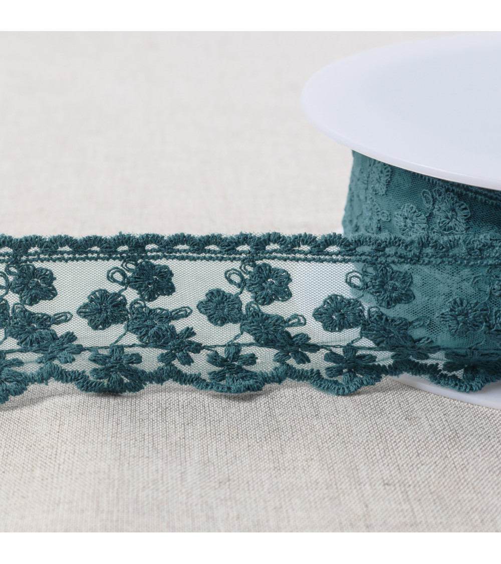 Tulle embroidered small matte flowers 44mm duck blue per meter