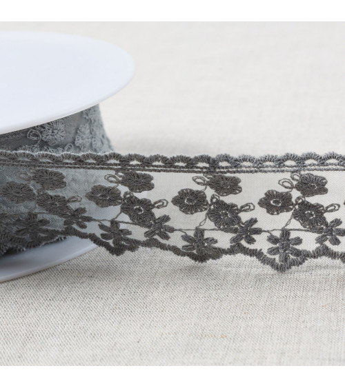 Tulle embroidered small matt flowers 44mm medium gray per meter