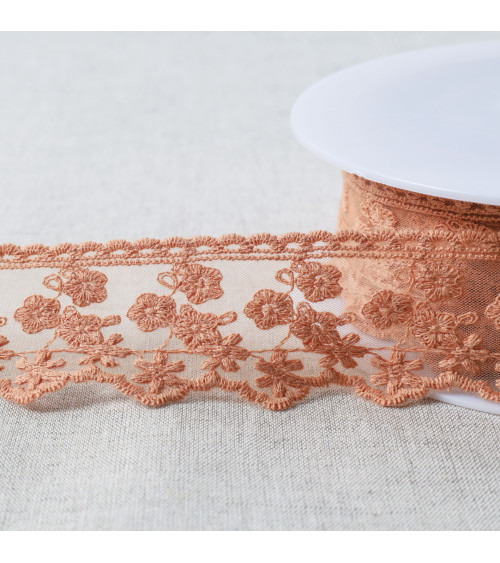 Tulle embroidered small matte flowers 44mm dark beige per meter