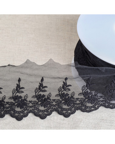 Tulle embroidered scalloped flowers matte 82mm black per meter