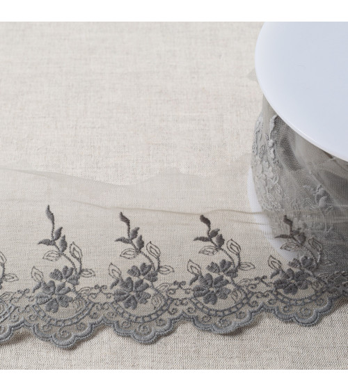 Matte scalloped flower embroidered tulle 82mm medium gray per meter