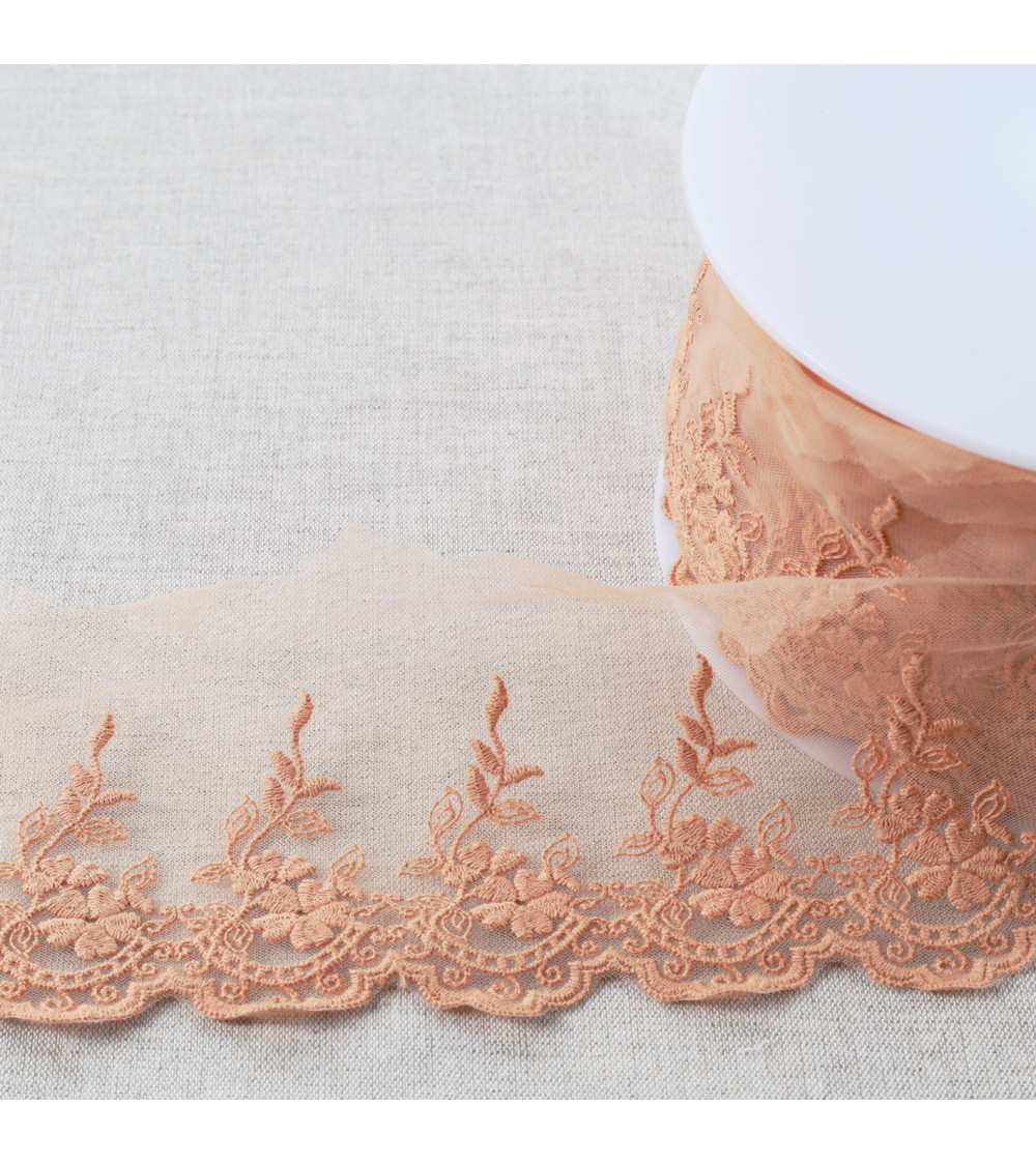 Tulle embroidered scalloped flowers matte 82mm dark beige per meter