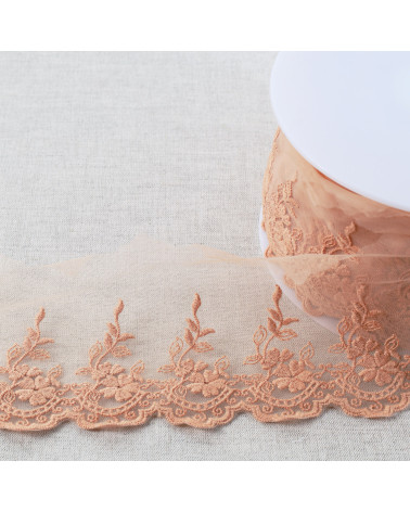 Tulle embroidered scalloped flowers matte 82mm dark beige per meter