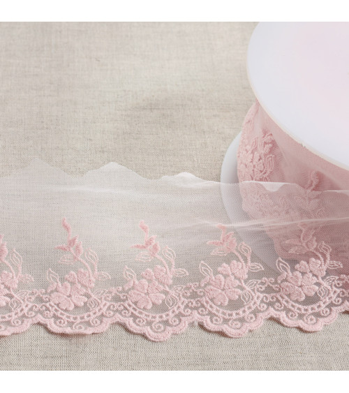 Tulle embroidered scalloped flowers matte 82mm fuchsia pink per meter