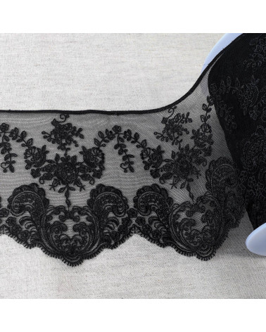 Spool 18m tulle embroidered scalloped flowers shiny 143mm black