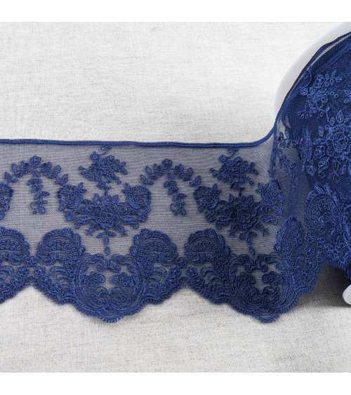Spool 18m tulle embroidered scalloped flowers shiny 143mm navy blue