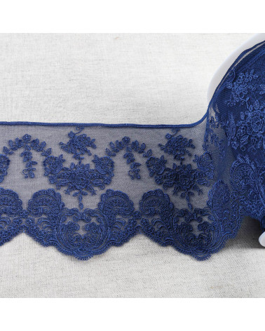 Spool 18m tulle embroidered scalloped flowers shiny 143mm navy blue