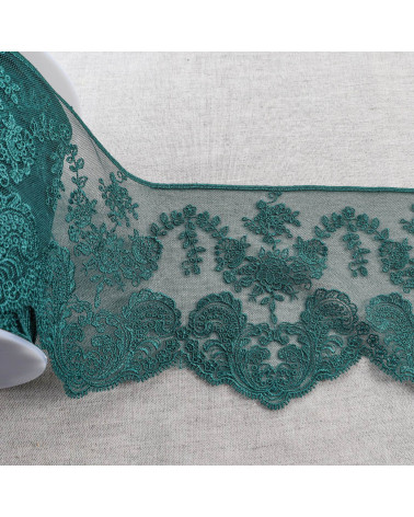 Spool of 18m embroidered tulle with shiny scalloped flowers 143mm duck blue
