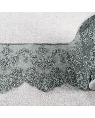 Spool 18m tulle embroidered scalloped flowers shiny 143mm medium gray