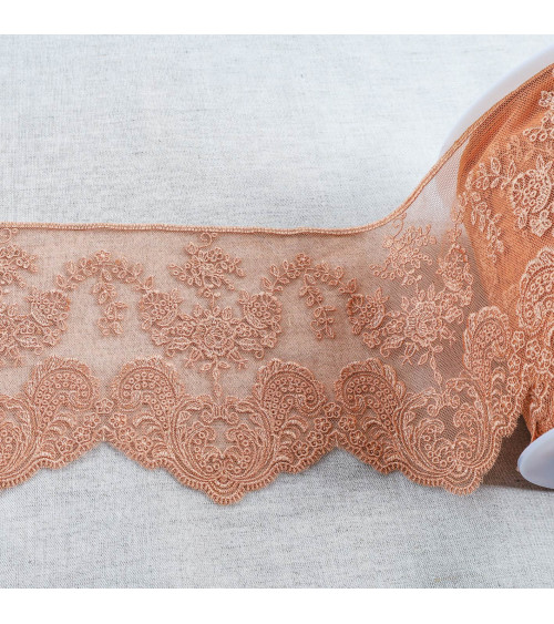 Spool 18m tulle embroidered scalloped flowers shiny 143mm dark beige