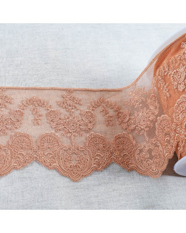 Spool 18m tulle embroidered scalloped flowers shiny 143mm dark beige