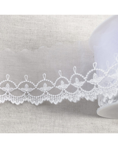 Bobina da 18 mt foglie di tulle ricamato con festoni opachi da 75 mm bianco