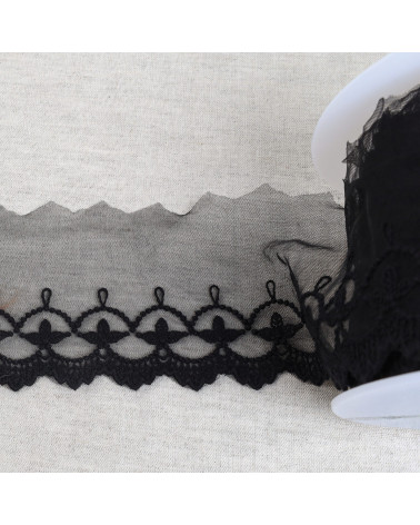 Spool 18m embroidered tulle leaves with matt festoons 75mm black