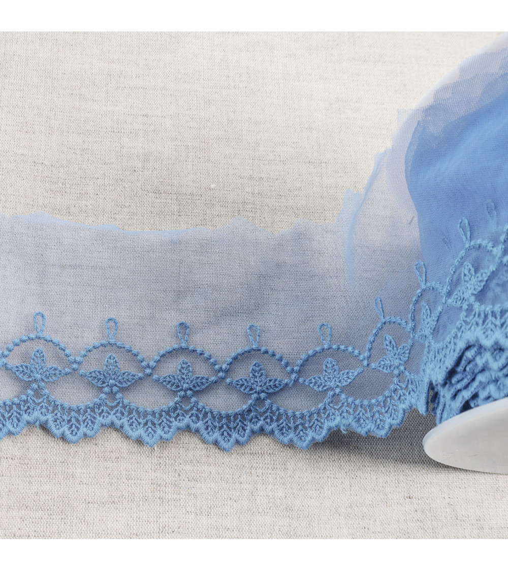 Spool 18m embroidered tulle leaves with matte scalloped edges 75mm lavender blue