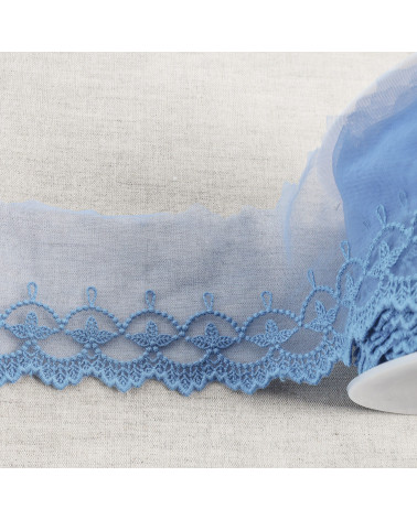 Spool 18m embroidered tulle leaves with matte scalloped edges 75mm lavender blue
