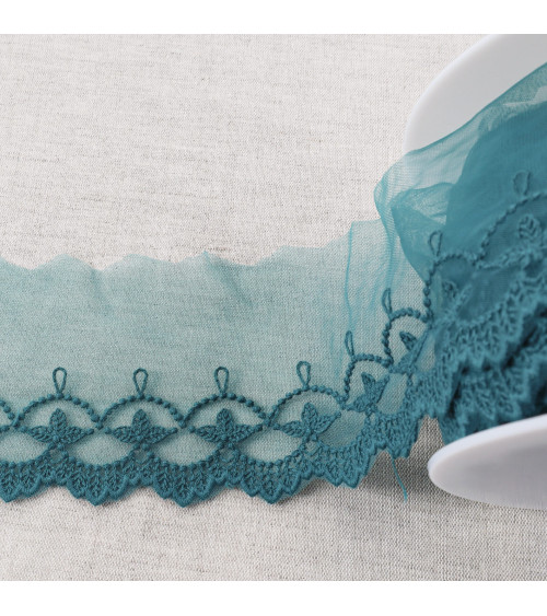 18m spool embroidered tulle leaves with matte scalloped edges 75mm duck blue