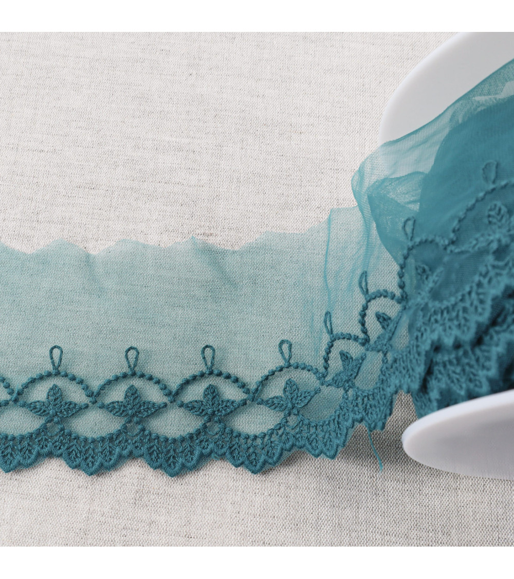 18m spool embroidered tulle leaves with matte scalloped edges 75mm duck blue