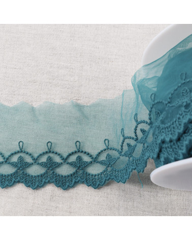 18m spool embroidered tulle leaves with matte scalloped edges 75mm duck blue
