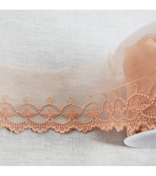 Spool 18m embroidered tulle leaves with matte scallops 75mm dark beige