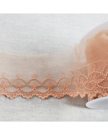 Spool 18m embroidered tulle leaves with matte scallops 75mm dark beige