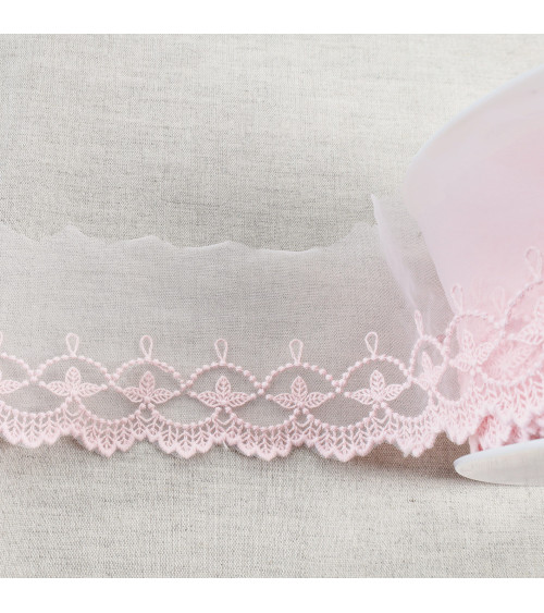 Spool 18m embroidered tulle leaves with matt festoons 75mm pink