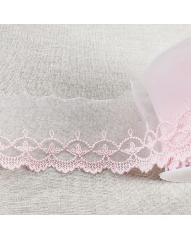 Spool 18m embroidered tulle leaves with matt festoons 75mm pink