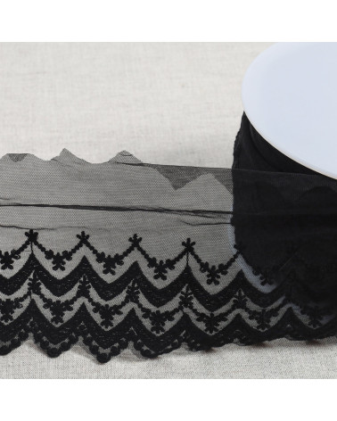Spool 18m embroidered tulle double wave scalloped matte 108mm black