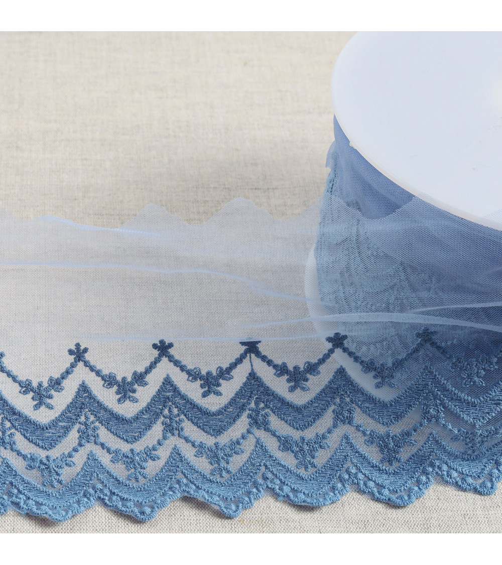 Spool 18m embroidered tulle double wave scalloped matt 108mm lavender blue