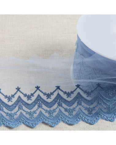 Spool 18m embroidered tulle double wave scalloped matt 108mm lavender blue