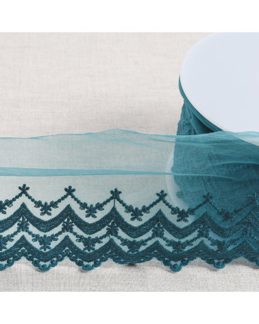 Spool 18m embroidered tulle double wave scalloped matt 108mm duck blue