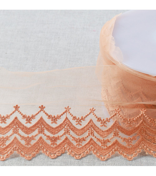 Spool 18m embroidered tulle double wave scalloped matte 108mm dark beige