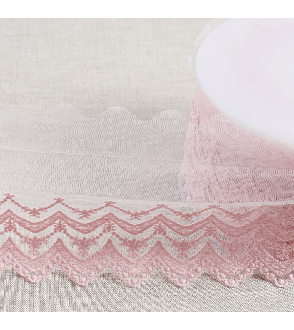Spool 18m embroidered tulle double wave scalloped matt 108mm pink