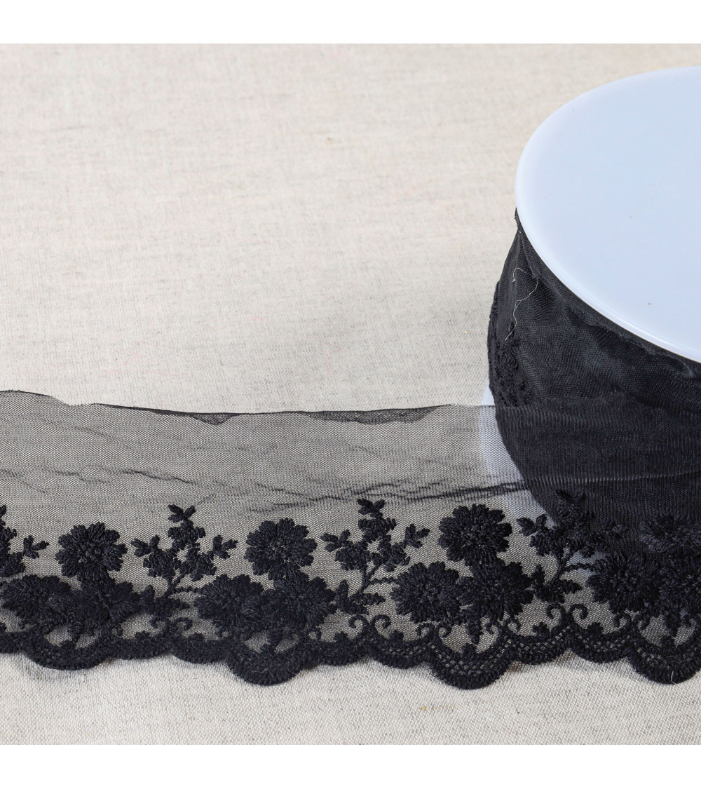 Spool 18m embroidered tulle bouquet of flowers matte 95mm black