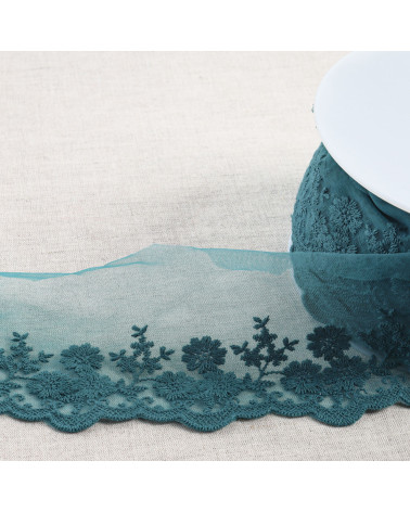 Bobine 18m tulle brodé bouquet de fleurs mat 95mm bleu canard