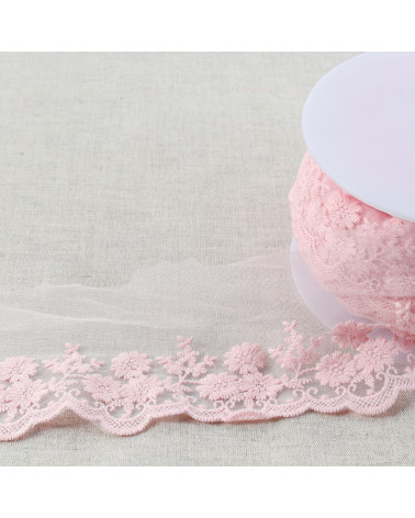 Bobine 18m tulle brodé bouquet de fleurs mat 95mm rose fuchsia