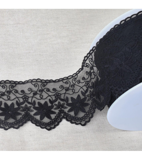 Spool 18m embroidered tulle matte edelweiss 85mm black