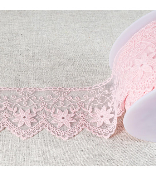 Spool 18m embroidered tulle matte edelweiss 85mm fuchsia pink