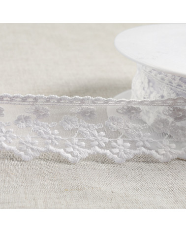 Bobina da 13,5 m in tulle ricamato piccoli fiori opachi 44 mm ecru